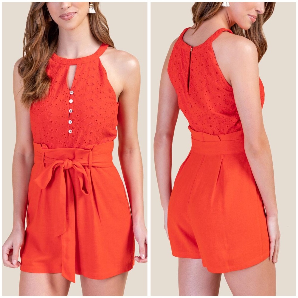 Francesca’s Miami Orange Red Eyelet Paperbag Wais…